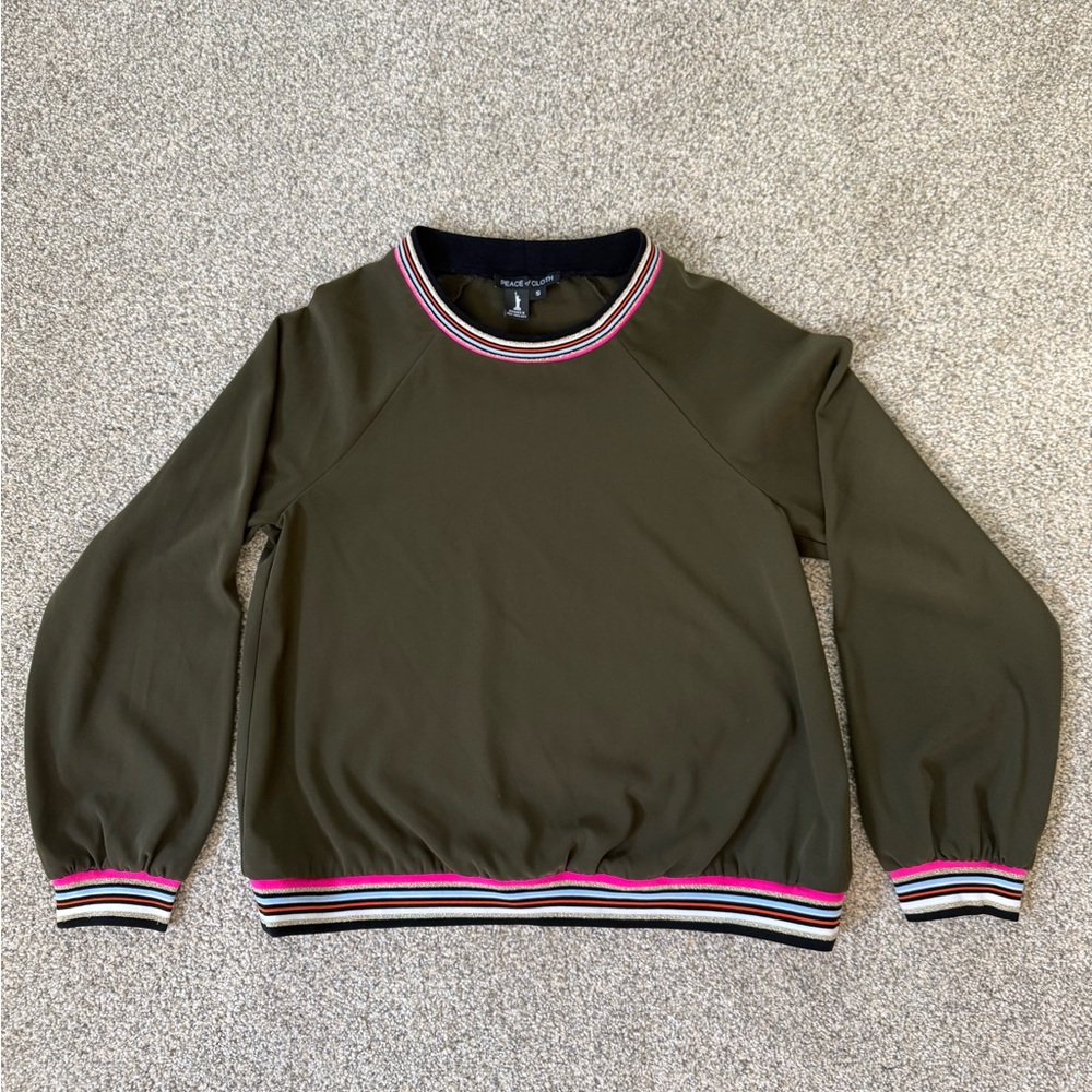 Peace of Cloth Olive Green pullover with Striped Trim, Size Small